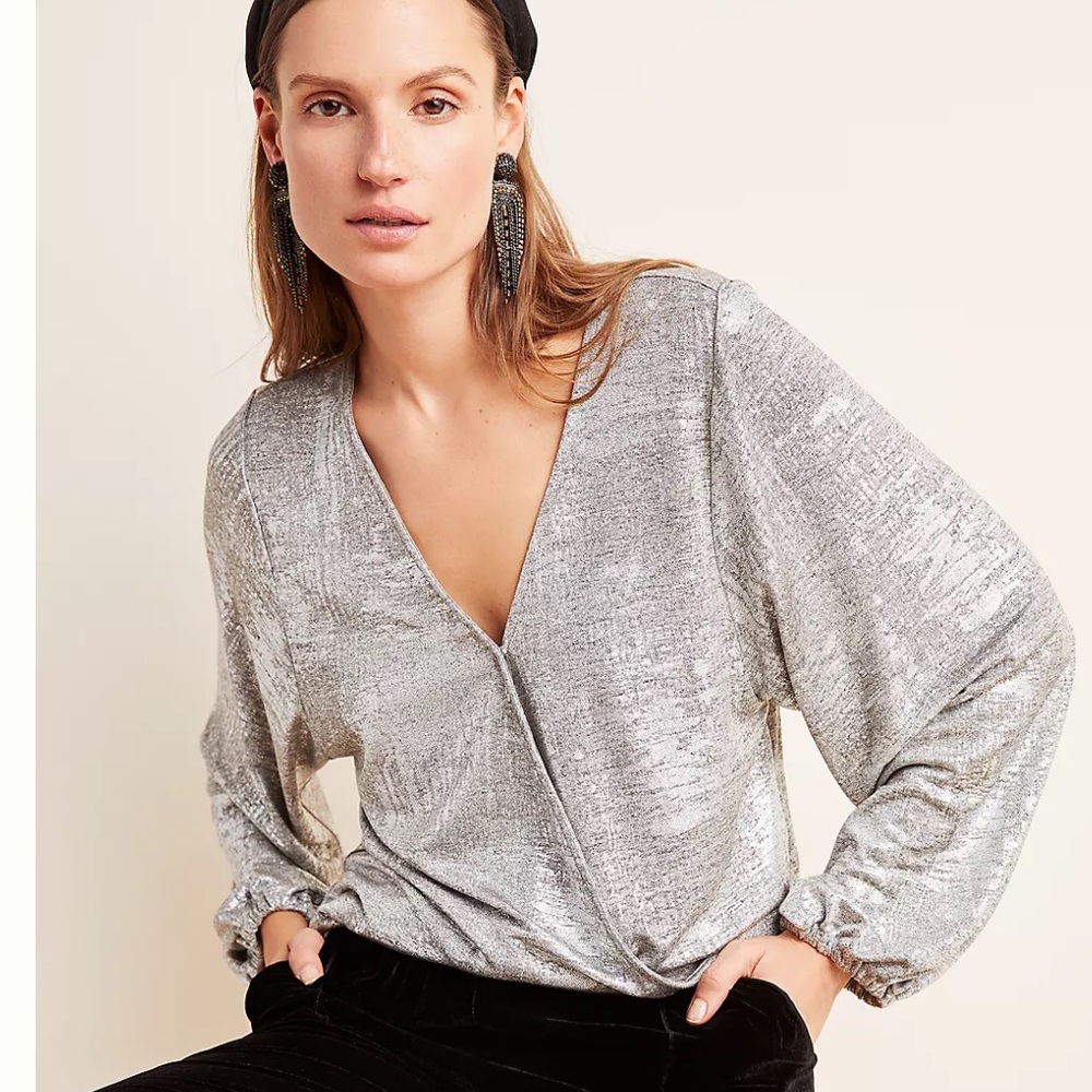 Anthropologie Carys Dolman Top Silver Metallic Surplice Going Out Blouse, Small